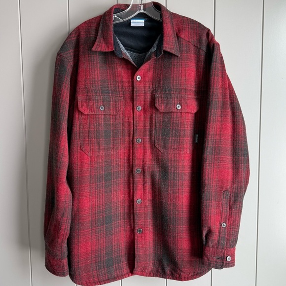 Columbia Jacket Men Large Shacket Sherpa Lined Wool Blend Flannel Plaid Red Blk - Picture 1 of 14